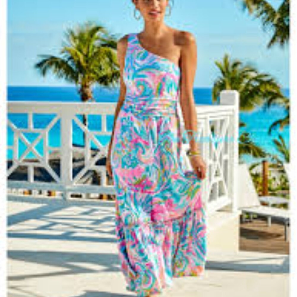 LILLY PULITZER Mooney Midi Maxi Dress Carnivale Coral One Shoulder